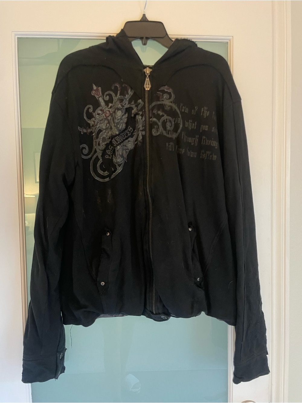 Vintage / Y2K Indigo Star Heavy Black Embellishment Zip Up Hoodie Size XL